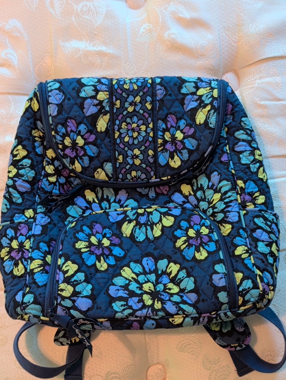 Vera Bradley Navy Quilted Floral Backpack with Blue, Yellow & Purple Accents